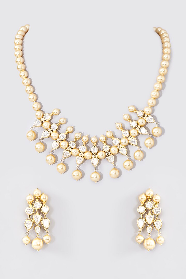 Gold Finish Moissanite Polki & Pearl Necklace Set In Sterling Silver by STELLA CREATIONS at Pernia's Pop Up Shop