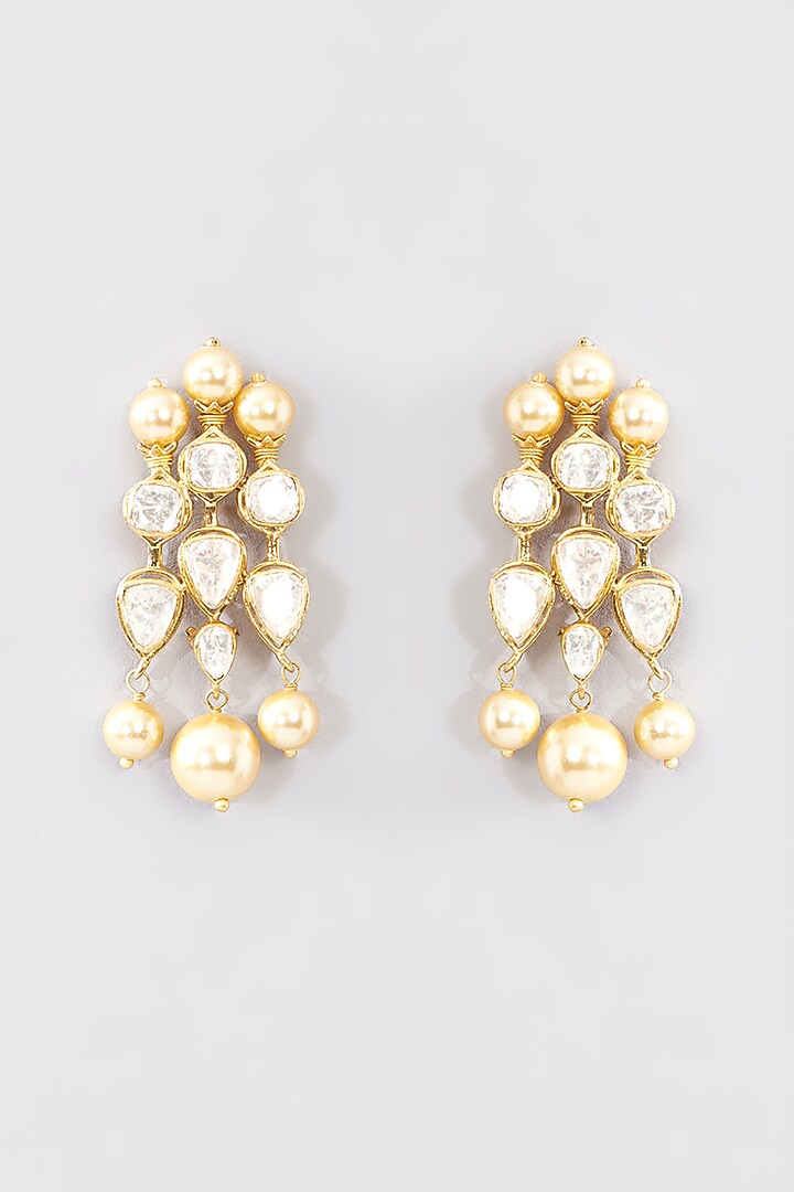 Gold Finish Moissanite Polki & Pearl Necklace Set In Sterling Silver by STELLA CREATIONS at Pernia's Pop Up Shop