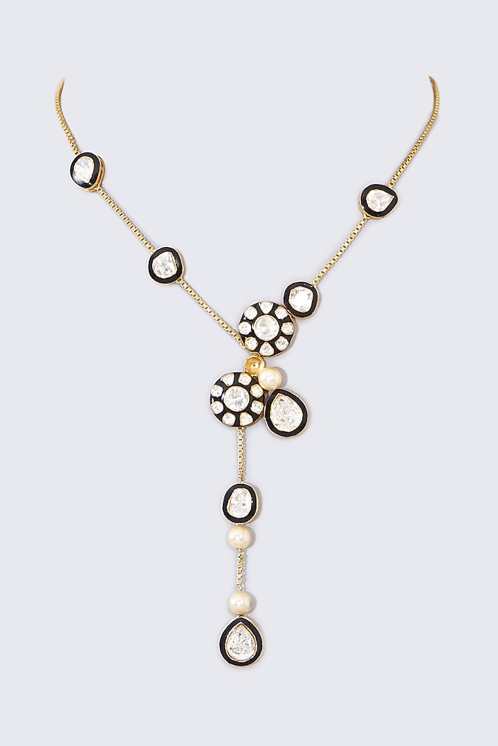 Gold Finish Moissanite Polki & Blue Enamel Necklace In Sterling Silver by STELLA CREATIONS at Pernia's Pop Up Shop
