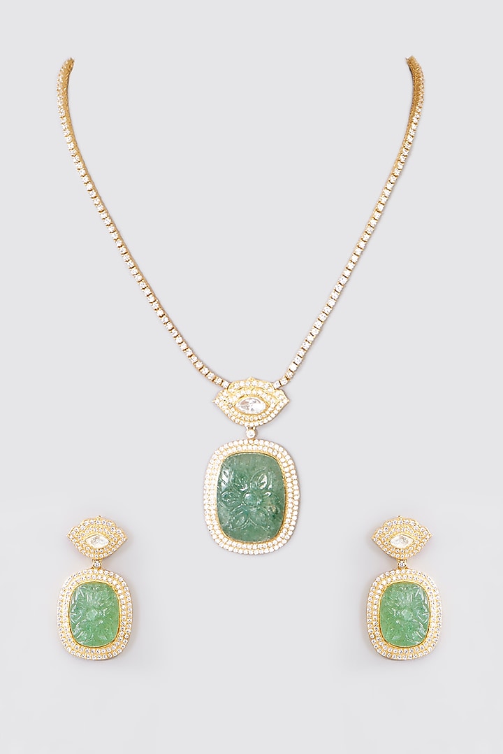 Gold Finish Moissanite Polki & CZ Necklace Set In Sterling Silver by STELLA CREATIONS at Pernia's Pop Up Shop
