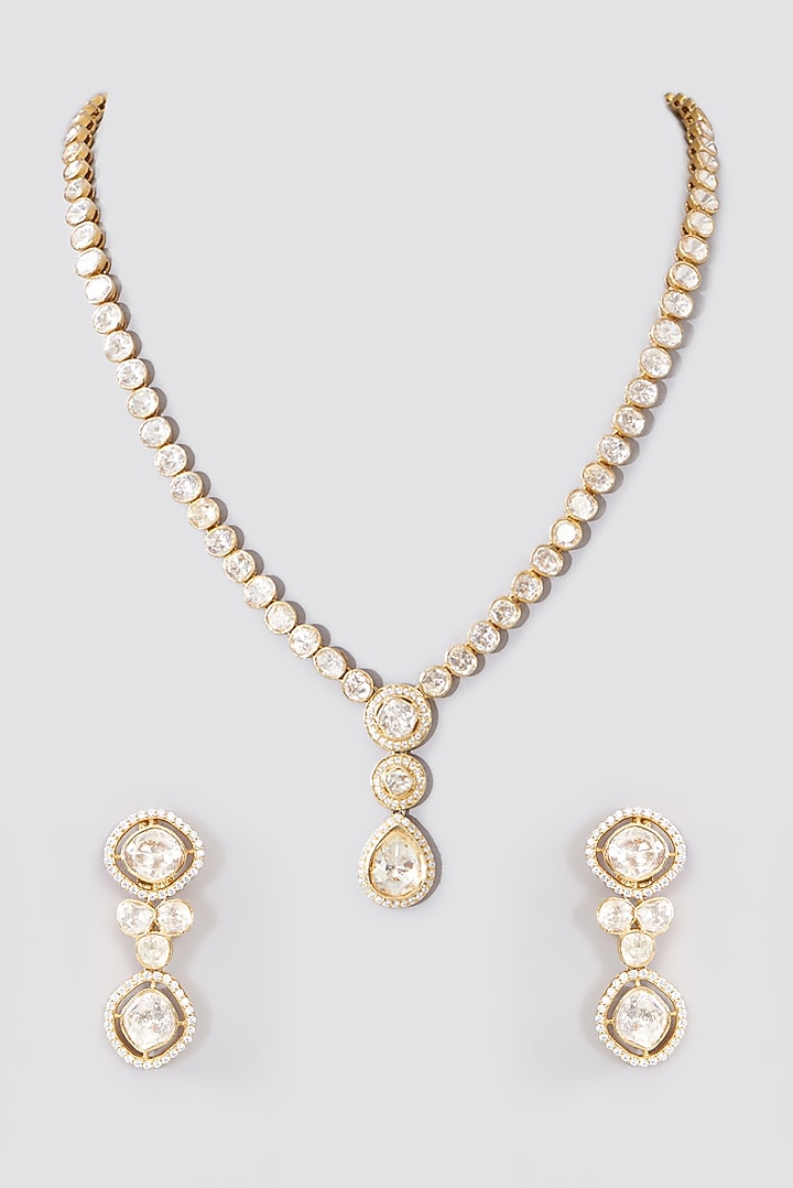 Gold Finish Moissanite Polki & CZ Necklace Set In Sterling Silver by STELLA CREATIONS at Pernia's Pop Up Shop