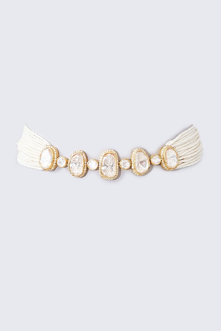 Gold Finish Moissanite Polki & Pearl Choker Necklace In Sterling Silver by STELLA CREATIONS at Pernia's Pop Up Shop