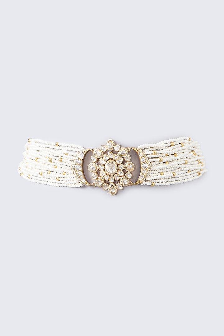 Gold Finish Moissanite Polki & CZ Choker Necklace In Sterling Silver by STELLA CREATIONS