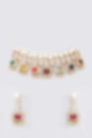 Gold Finish Navratna Stone & Pearl Choker Necklace Set In Sterling Silver by STELLA CREATIONS at Pernia's Pop Up Shop