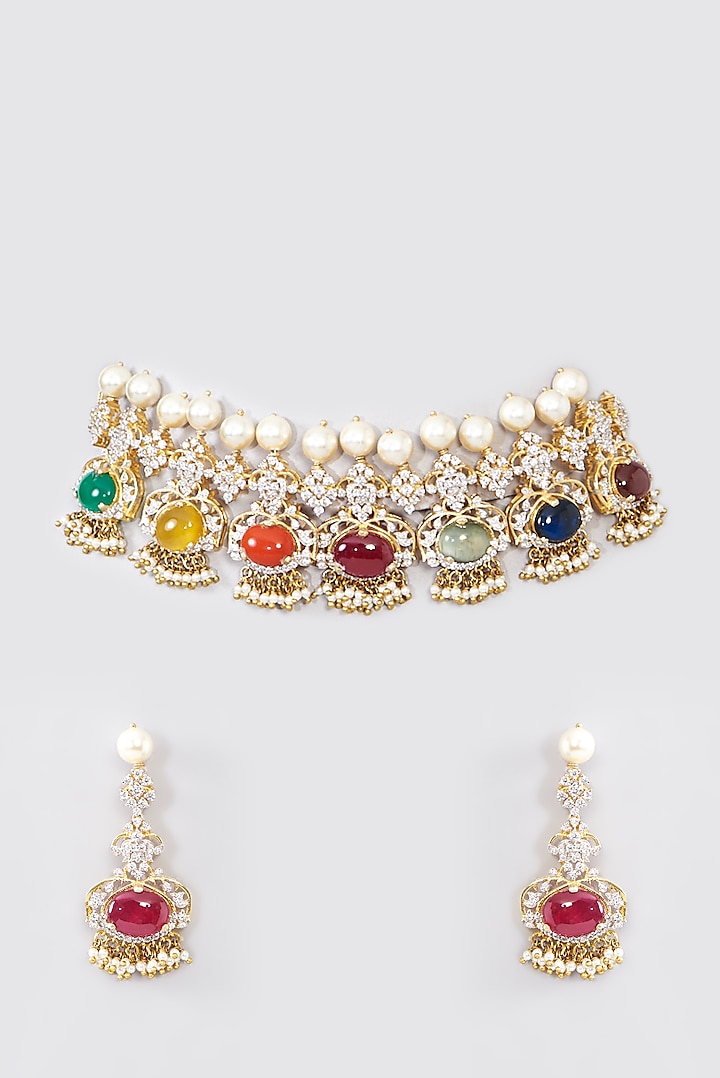Gold Finish Navratna Stone & Pearl Choker Necklace Set In Sterling Silver by STELLA CREATIONS at Pernia's Pop Up Shop