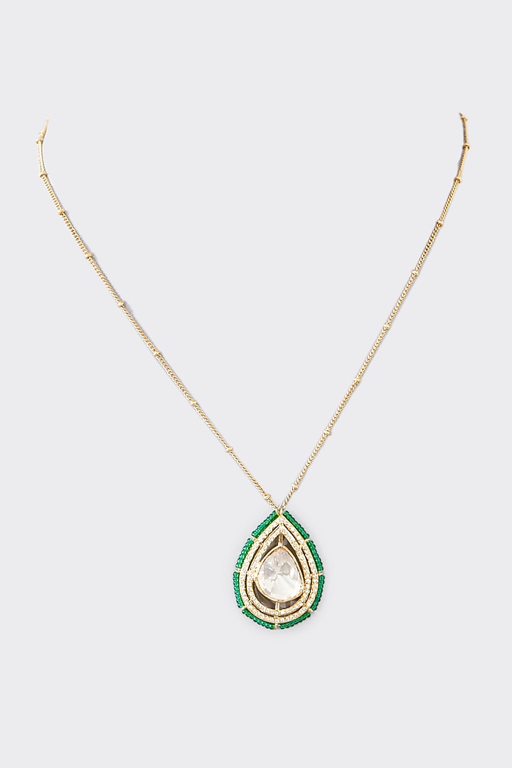 Gold Finish Moissanite Polki & Green Bead Pendant Necklace In Sterling Silver by STELLA CREATIONS at Pernia's Pop Up Shop