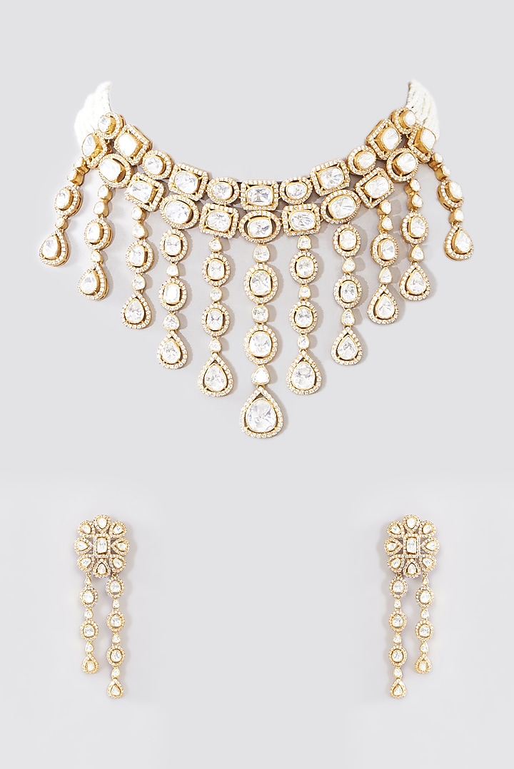 Gold Finish Moissanite Polki & Pearl Choker Necklace Set In Sterling Silver by STELLA CREATIONS at Pernia's Pop Up Shop