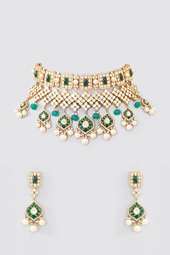 Gold Finish Moissanite Polki & Emerald Choker Necklace Set In Sterling Silver by STELLA CREATIONS at Pernia's Pop Up Shop