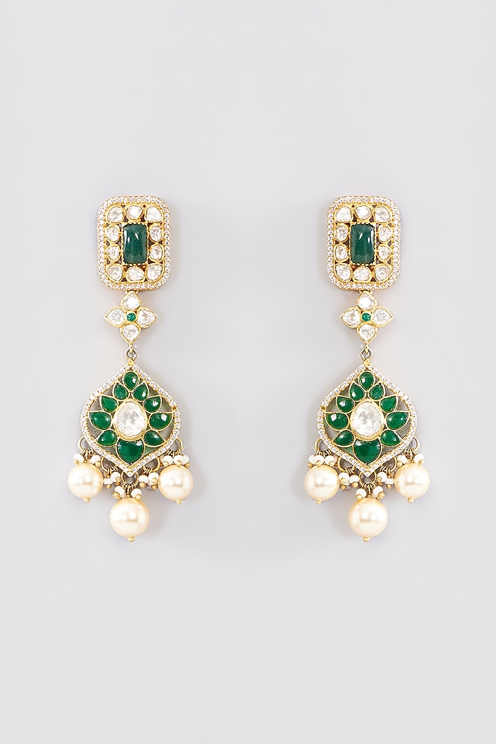 Gold Finish Moissanite Polki & Emerald Choker Necklace Set In Sterling Silver by STELLA CREATIONS at Pernia's Pop Up Shop