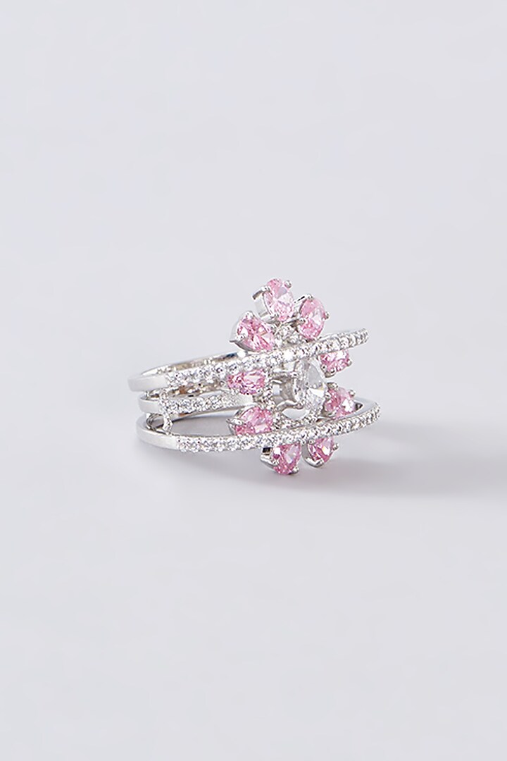White Finish CZ & Pink Sapphire Ring In Sterling Silver by STELLA CREATIONS at Pernia's Pop Up Shop