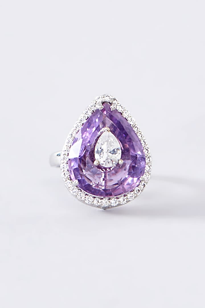 White Finish CZ & Amethyst Ring In Sterling Silver by STELLA CREATIONS