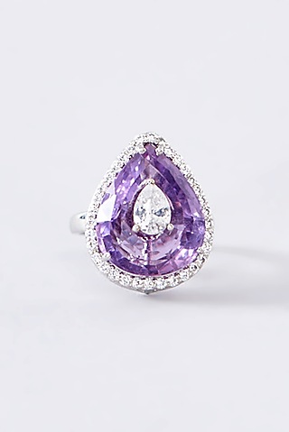 White Finish CZ & Amethyst Ring In Sterling Silver by STELLA CREATIONS