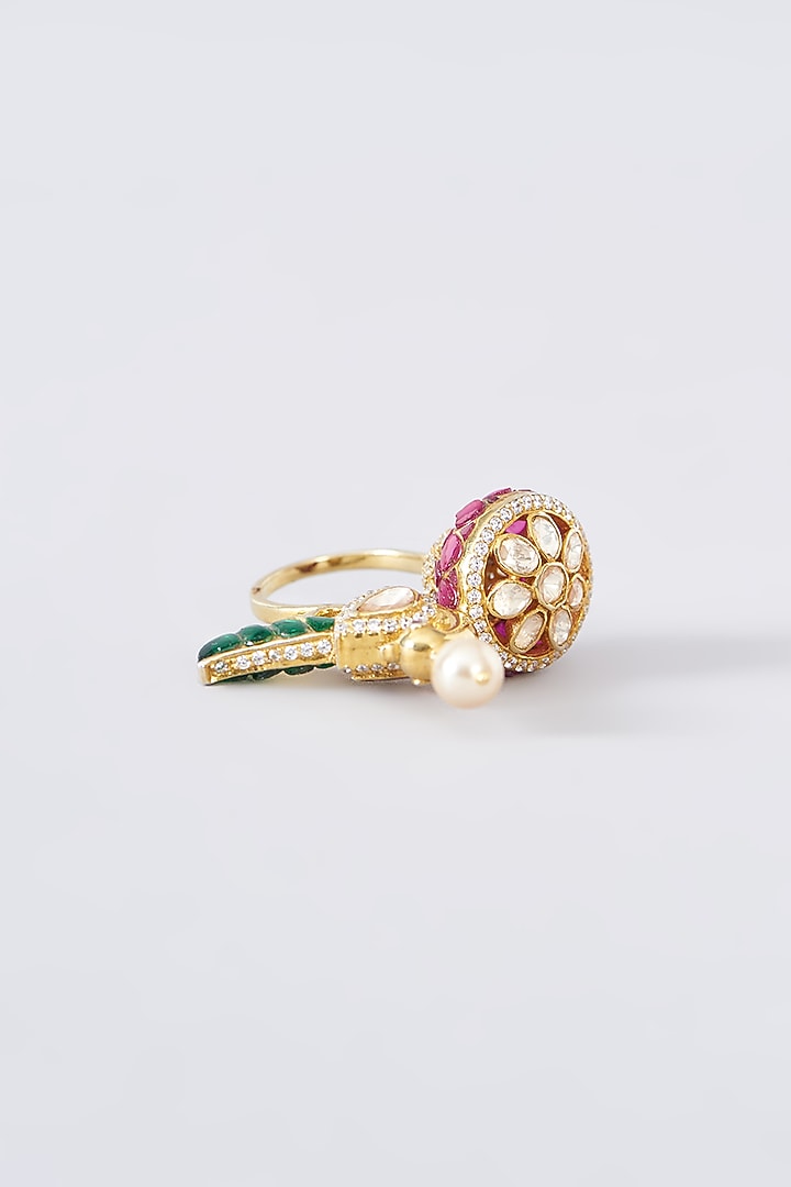 Gold Finish Moissanite Polki & CZ Ring In Sterling Silver by STELLA CREATIONS at Pernia's Pop Up Shop