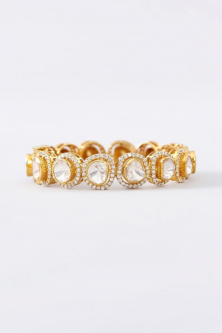 Gold Finish CZ & Moissanite Polki Bangle In Sterling Silver by STELLA CREATIONS at Pernia's Pop Up Shop