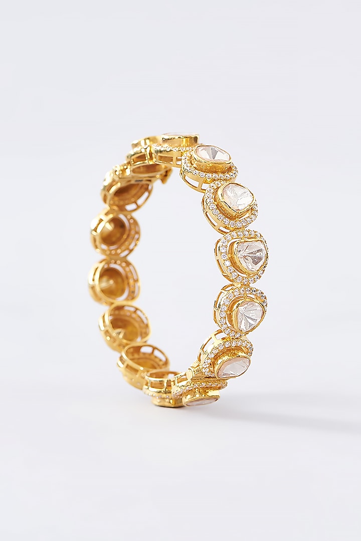 Gold Finish CZ & Moissanite Polki Bangle In Sterling Silver by STELLA CREATIONS at Pernia's Pop Up Shop
