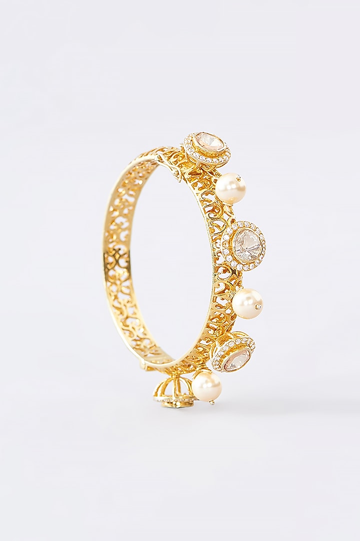 Gold Finish CZ & Moissanite Polki Bracelet In Sterling Silver by STELLA CREATIONS at Pernia's Pop Up Shop
