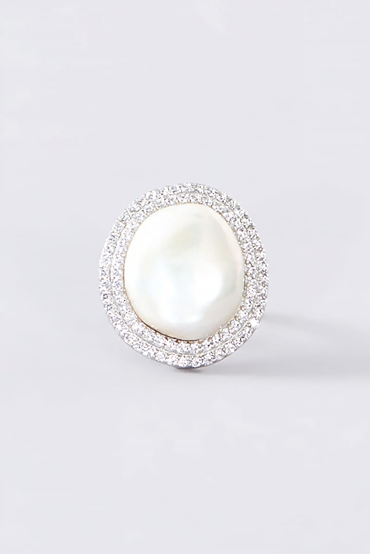 White Finish CZ & Pearl Ring In Sterling Silver by STELLA CREATIONS