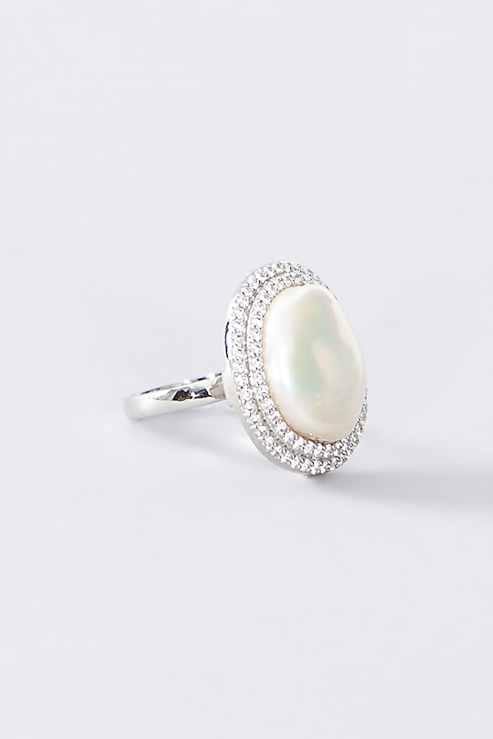 White Finish CZ & Pearl Ring In Sterling Silver by STELLA CREATIONS at Pernia's Pop Up Shop