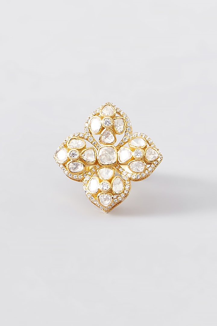 Gold Finish CZ & Moissanite Polki Ring In Sterling Silver by STELLA CREATIONS
