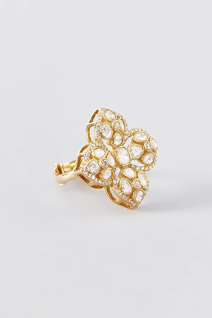 Gold Finish CZ & Moissanite Polki Ring In Sterling Silver by STELLA CREATIONS at Pernia's Pop Up Shop