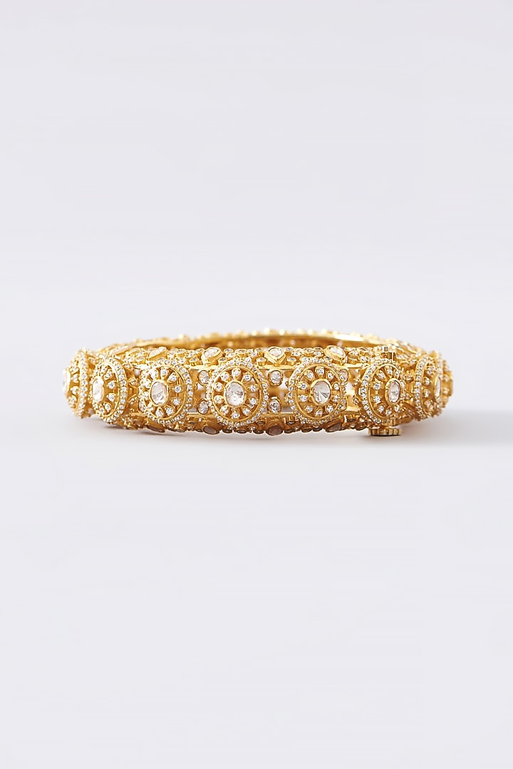 Gold Finish Moissanite Polki & CZ Bangle In Sterling Silver by STELLA CREATIONS at Pernia's Pop Up Shop