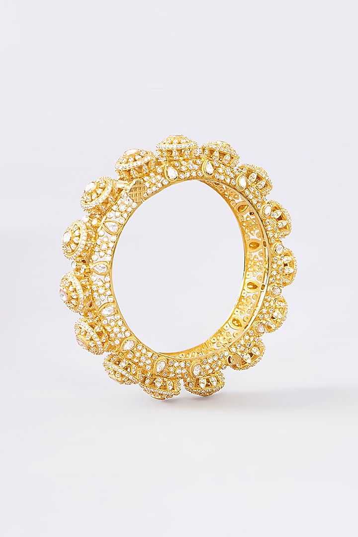 Gold Finish Moissanite Polki & CZ Bangle In Sterling Silver by STELLA CREATIONS at Pernia's Pop Up Shop