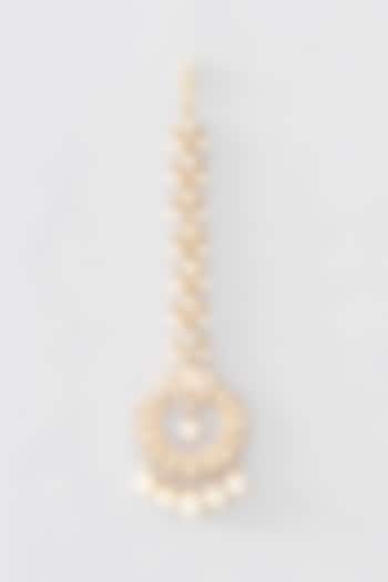 Gold Finish Moissanite Polki & Pearl Maangtikka In Sterling Silver by STELLA CREATIONS at Pernia's Pop Up Shop