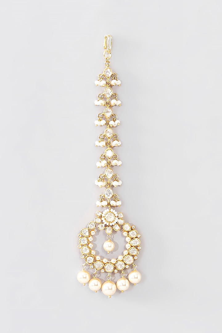 Gold Finish Moissanite Polki & Pearl Maangtikka In Sterling Silver by STELLA CREATIONS at Pernia's Pop Up Shop