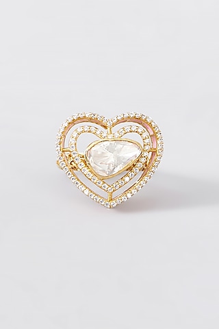 Gold Finish Moissanite Polki Enameled Ring In Sterling Silver by STELLA CREATIONS