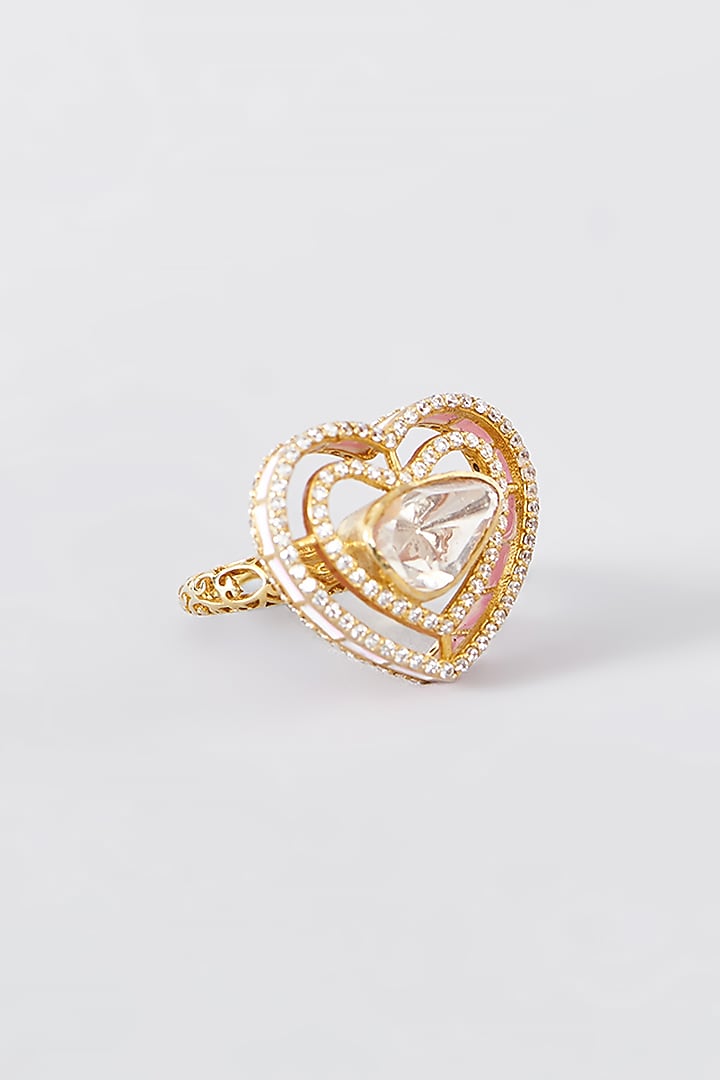 Gold Finish Moissanite Polki Enameled Ring In Sterling Silver by STELLA CREATIONS at Pernia's Pop Up Shop