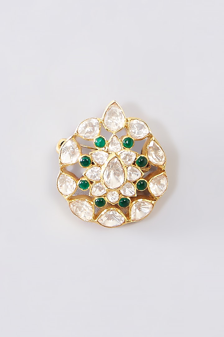 Gold Finish Moissanite Polki & Emerald Brooch In Sterling Silver by STELLA CREATIONS