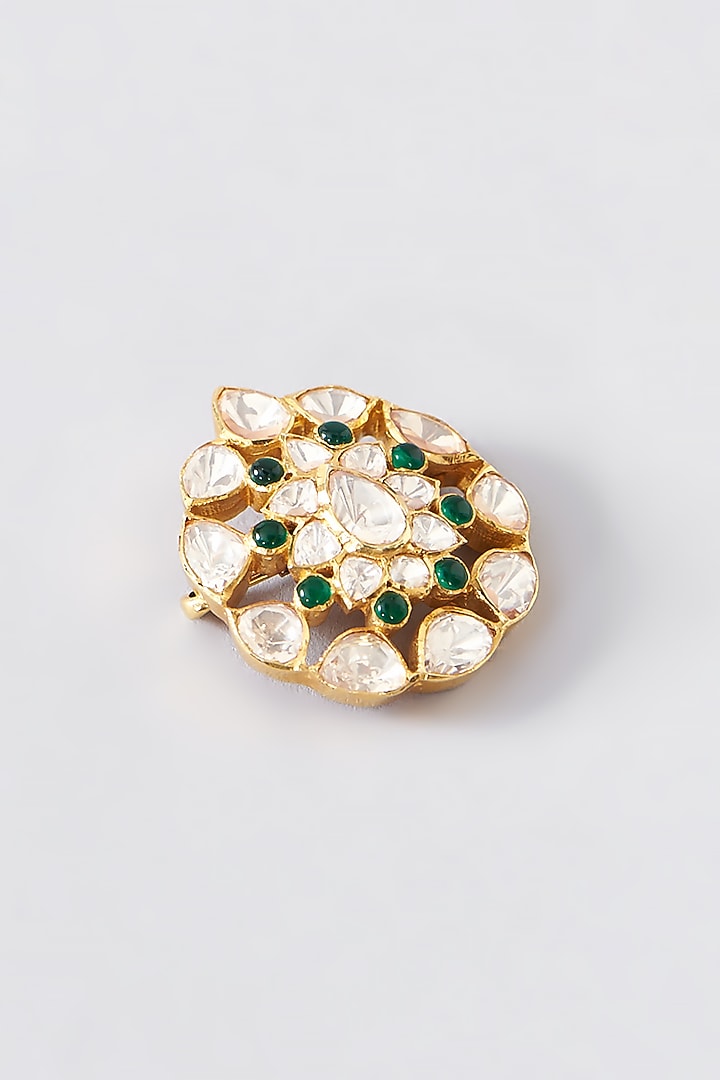 Gold Finish Moissanite Polki & Emerald Brooch In Sterling Silver by STELLA CREATIONS at Pernia's Pop Up Shop