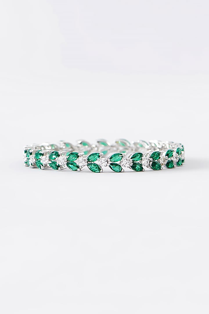 White Finish CZ & Emerald Bangle In Sterling Silver by STELLA CREATIONS