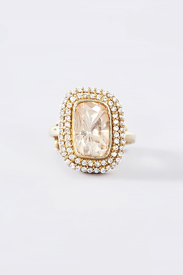 Gold Finish Moissanite Polki & CZ Ring In Sterling Silver by STELLA CREATIONS at Pernia's Pop Up Shop
