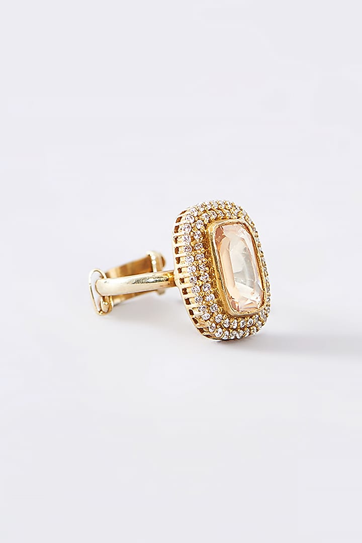 Gold Finish Moissanite Polki & CZ Ring In Sterling Silver by STELLA CREATIONS at Pernia's Pop Up Shop