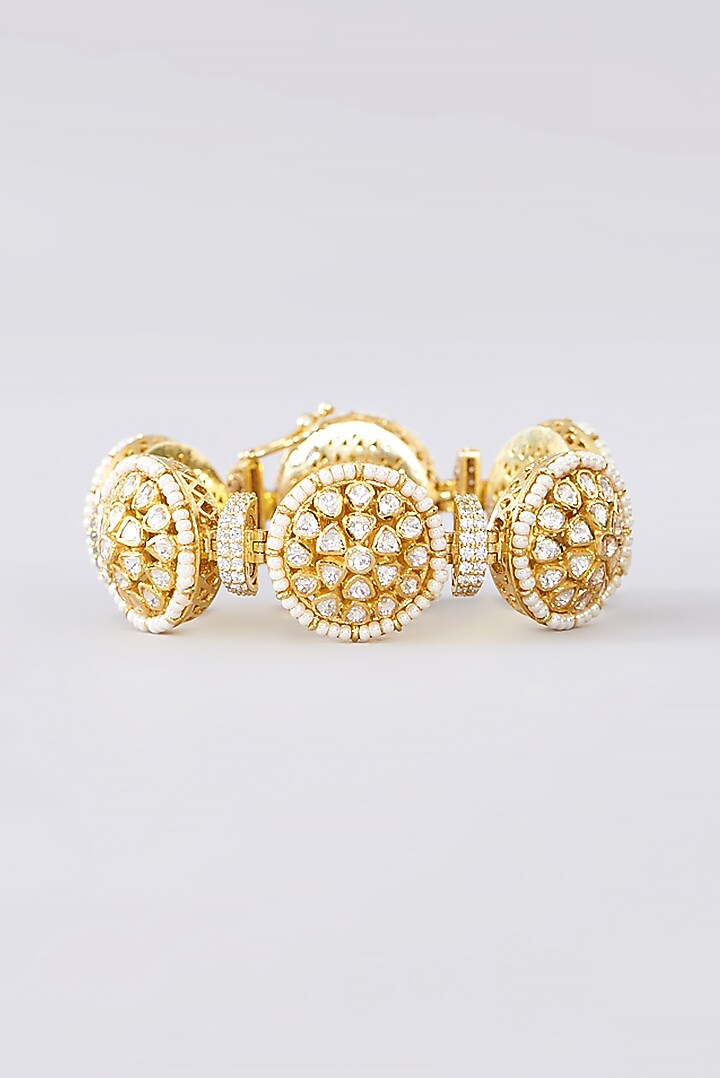 Gold Finish Moissanite Polki & Pearl Bracelet In Sterling Silver by STELLA CREATIONS at Pernia's Pop Up Shop