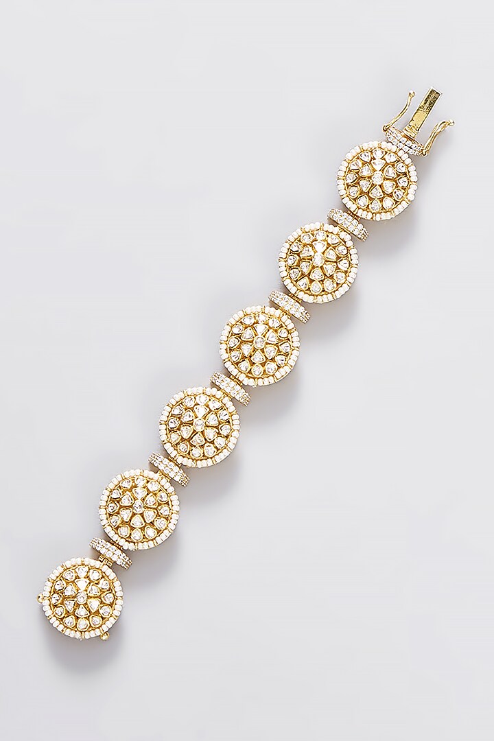 Gold Finish Moissanite Polki & Pearl Bracelet In Sterling Silver by STELLA CREATIONS at Pernia's Pop Up Shop