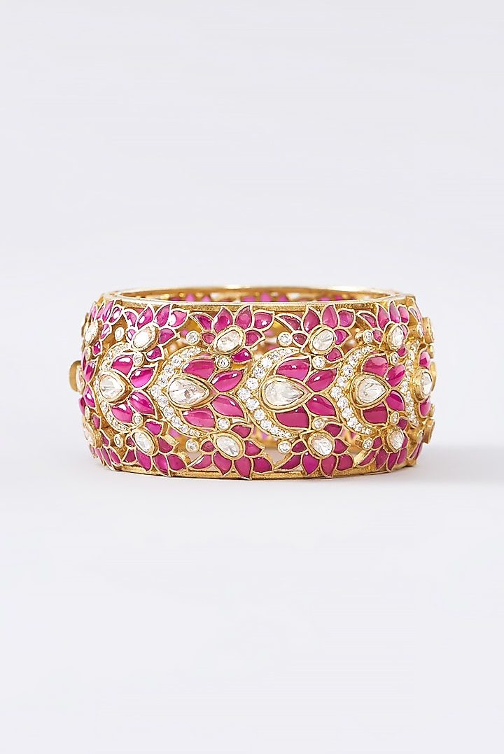 Gold Finish Moissanite Polki & Ruby Bangle In Sterling Silver by STELLA CREATIONS at Pernia's Pop Up Shop