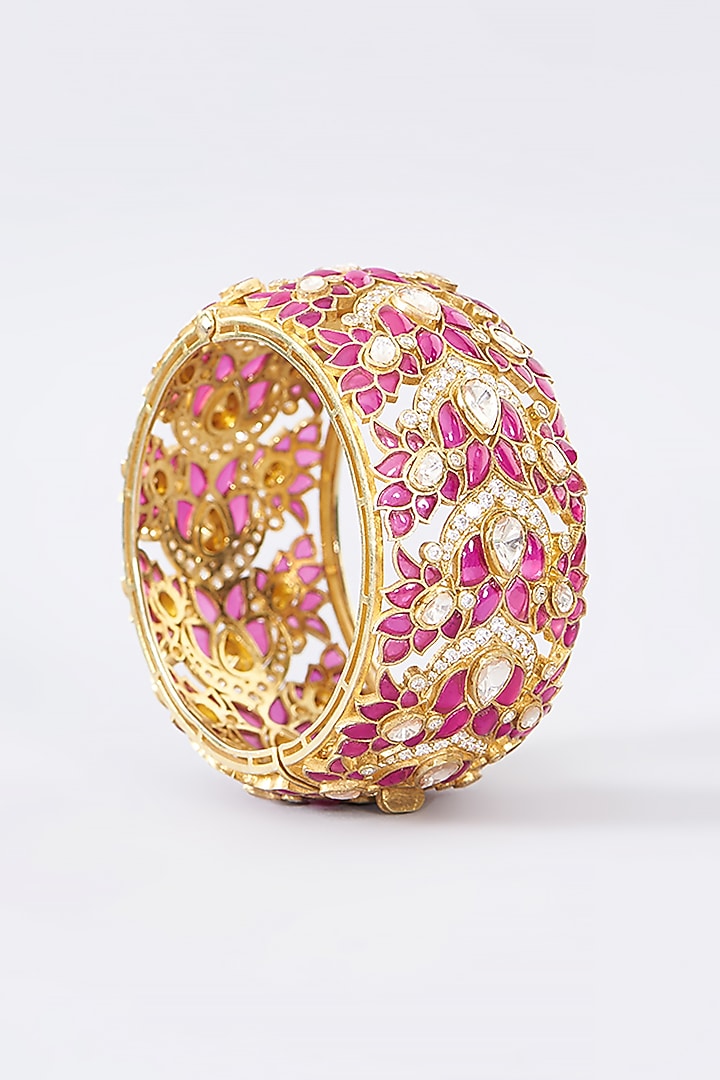 Gold Finish Moissanite Polki & Ruby Bangle In Sterling Silver by STELLA CREATIONS at Pernia's Pop Up Shop