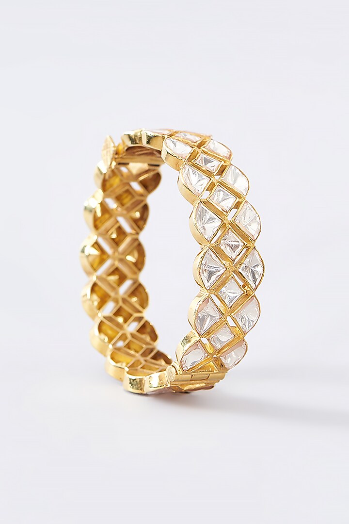 Gold Finish Moissanite Polki Bangle In Sterling Silver by STELLA CREATIONS at Pernia's Pop Up Shop