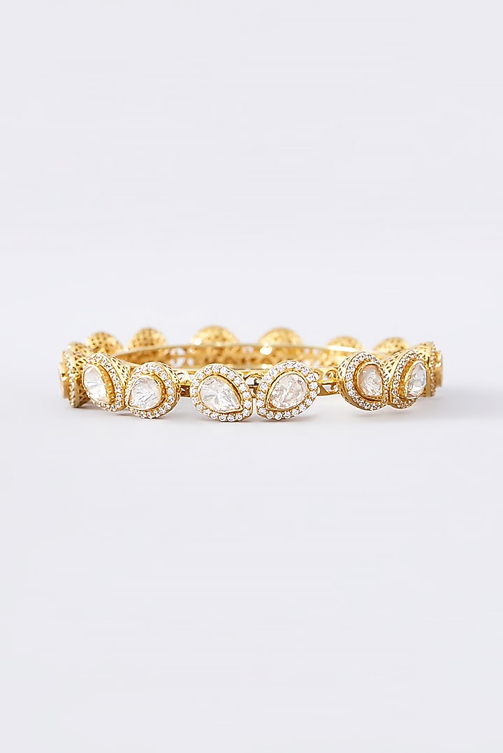 Gold Finish Moissanite Polki & CZ Bangle In Sterling Silver by STELLA CREATIONS at Pernia's Pop Up Shop