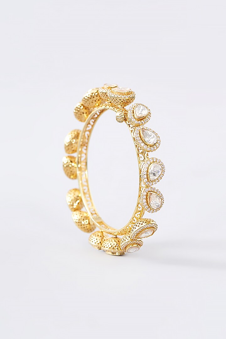 Gold Finish Moissanite Polki & CZ Bangle In Sterling Silver by STELLA CREATIONS at Pernia's Pop Up Shop