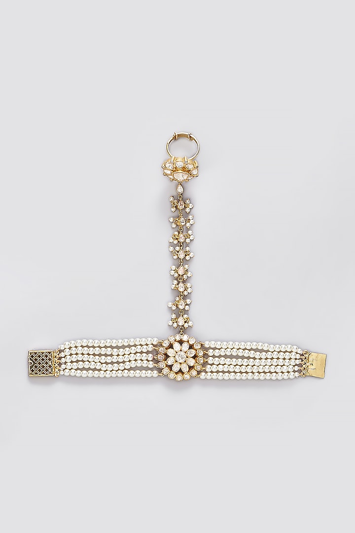 Gold Finish Moissanite Polki & Pearl Bracelet In Sterling Silver by STELLA CREATIONS at Pernia's Pop Up Shop