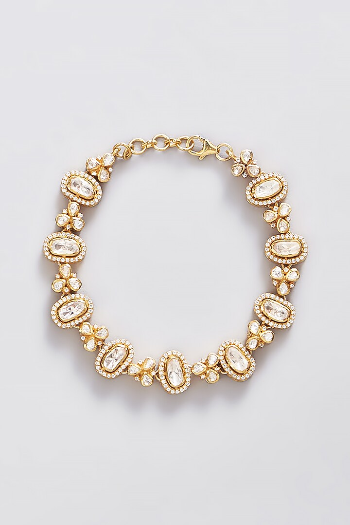 Gold Finish Moissanite Polki & CZ Bracelet In Sterling Silver by STELLA CREATIONS at Pernia's Pop Up Shop
