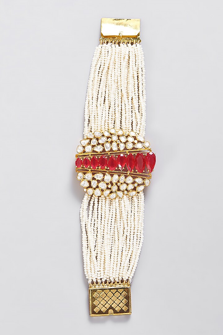 Gold Finish Moissanite Polki & Ruby Bracelet In Sterling Silver by STELLA CREATIONS at Pernia's Pop Up Shop