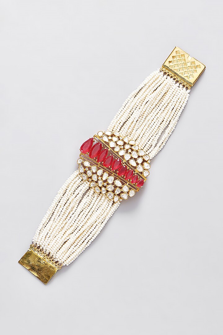 Gold Finish Moissanite Polki & Ruby Bracelet In Sterling Silver by STELLA CREATIONS at Pernia's Pop Up Shop