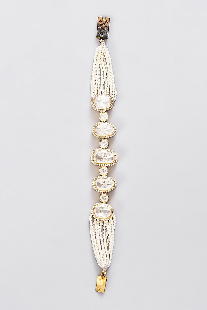 Gold Finish Moissanite Polki & Pearl Bracelet In Sterling Silver by STELLA CREATIONS at Pernia's Pop Up Shop