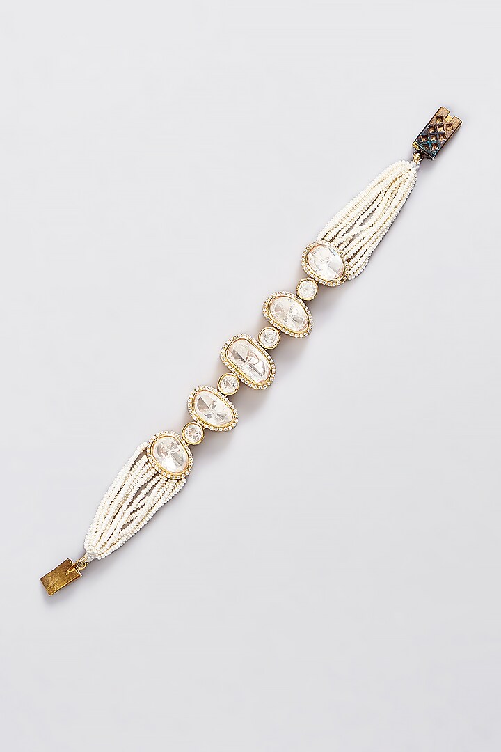 Gold Finish Moissanite Polki & Pearl Bracelet In Sterling Silver by STELLA CREATIONS at Pernia's Pop Up Shop