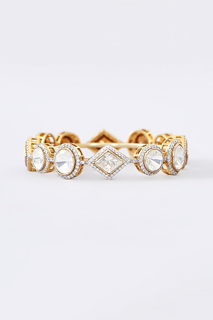 Gold Finish CZ & Moissanite Polki Bangle In Sterling Silver by STELLA CREATIONS at Pernia's Pop Up Shop