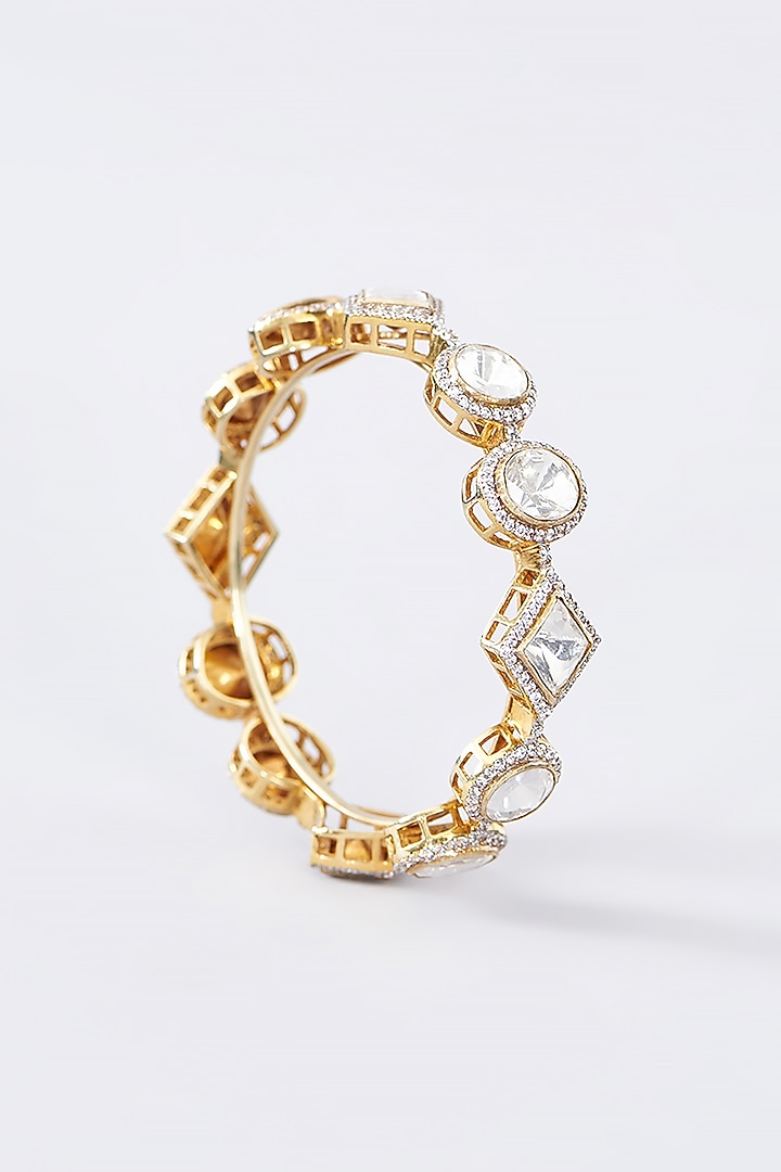 Gold Finish CZ & Moissanite Polki Bangle In Sterling Silver by STELLA CREATIONS at Pernia's Pop Up Shop